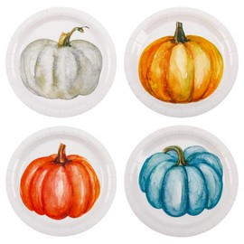 Elyxio 24Pcs Pumpkin Paper Plates Orange Blue Pumpkins Party Plates Fall Disposable 7" Dessert Plate for Autumn Thanksgiving Harvest Birthday Party Supplies Table Decorations