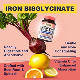 Vitalibre Iron Supplement for Women and Men, Iron Bisglycinate, 65mg Elemental Iron, Non-Constipating, Plus Blood Builder Vitamins C B6 B12 Folate & Beet Root, Energy Support, Blood Health, 60 Caps