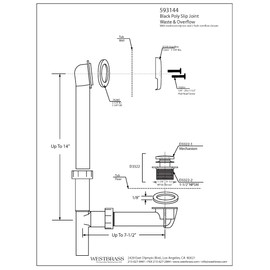 Westbrass Y593144-05 14" Black Tubular Bath Waste & Overflow Assembly with Tip-Toe Drain Plug and Two-Hole Faceplate, Polished Nickel