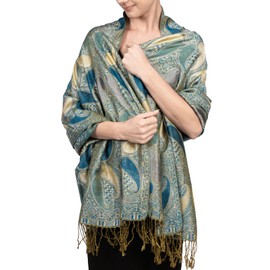 Achillea Women’s Paisley Pattern Sparkling Metallic Pashmina Shawl Wrap Scarf Stole (Turquoise)