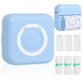 AURTEC Mini Thermal Printer, Portable Wireless Bluetooth Inkless Printer with 3 Rolls of Sticker and 3 Rolls of Thermal Paper, Compatible with Android/iOS, Pocket Printer for Memo and More Blue
