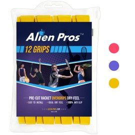 Alien Pros Tennis Racket Grip Tape (12 Grips) - Precut and Dry Feel Tennis Grip - Tennis Overgrip Grip Tape Tennis Racket - Wrap Your Racquet for High Performance (12 Grips, Yellow)