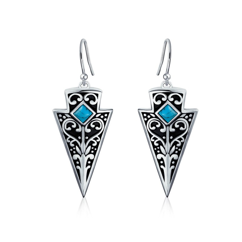 Bali Style Two Tone Oxidized Blue Bead Arrowhead Dangle Earrings