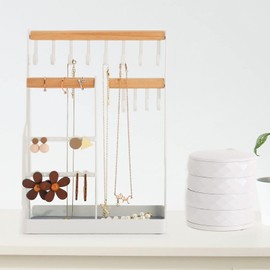 Jewelry Organizer 6 Tier Jewelry Wooden Tower Shelf & 4 Tier Rotating Jewelry Tray Case with Mirror, Hanging Display for Bracelet Watch Earrings Ring Necklace (White)