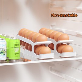 Egg Holder for Fridge, 2 Tiers Auto Rolling Forward (Can not Roll Down), Egg Storage Organizer for Refrigerator, Slim Space Saving Container, Dispenser - Egg Roller for Eggs 24 Count, Non-Stackable