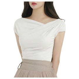 OYOANGLE Women's Asymmetrical Neck Short Sleeve T-Shirts Ruched Tight Shirts White Medium