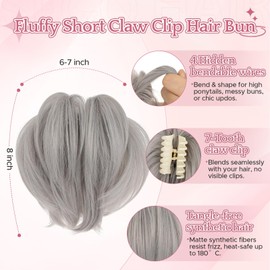 SEGOHAIR Claw Clip Short Ponytail Hair Extensions Messy Bun Hair Piece for Women with DIY Bendable Metals Straight Synthetic Fake Hairpieces #88A/503 Silver Grey
