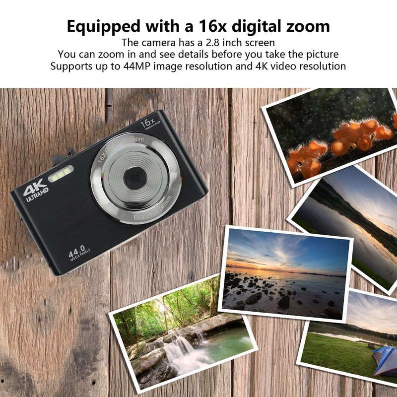 Digital Zoom Camera with 16x Powerful Zoom, 4K 44MP Full