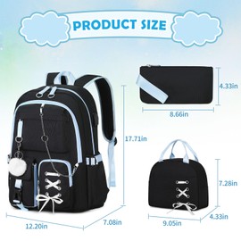 Backpacks for Girls, Girls Backpack with Lunch Box and Pencil Case for Teen Kids Elementary Middle High School College Student, Children Backpack Bookbag with USB Charging Port (Black Blue with Chain)