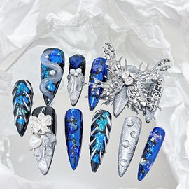 Press on Nails Handmade Luxury Long Style Almond Reusable Party Nail for Women and Girls 11pcs (Blue Butterfly, M)