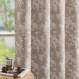 FMFUNCTEX Brown Floral Jacquard Blackout Curtains 84 Inches Long for Bedroom, Scroll Flower Chenille Farmhouse Curtains for Living Room Darkening Thermal Insulated Grommet Window Drapes 2 Panels