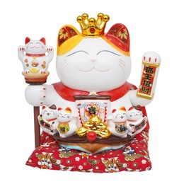 Qriocioa Lucky Cat Waving Arm, Chinese Ceramic Cat Waving Arm, Maneki Neko Lucky Cat, Feng Shui Fortune Desktop Decoration, Fortune Cat Statue with Plastic Motorized Rocker Arm for Home Office Store