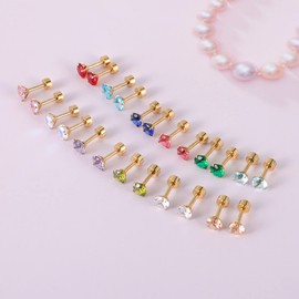 12 Pairs Flat Back Surgical Stainless Steel Stud Earrings, 18K Gold Plated Silver Screw Back Heart Star Round Cubic Zirconia CZ Birthstone Stud Earrings Set (Gold round 5mm)