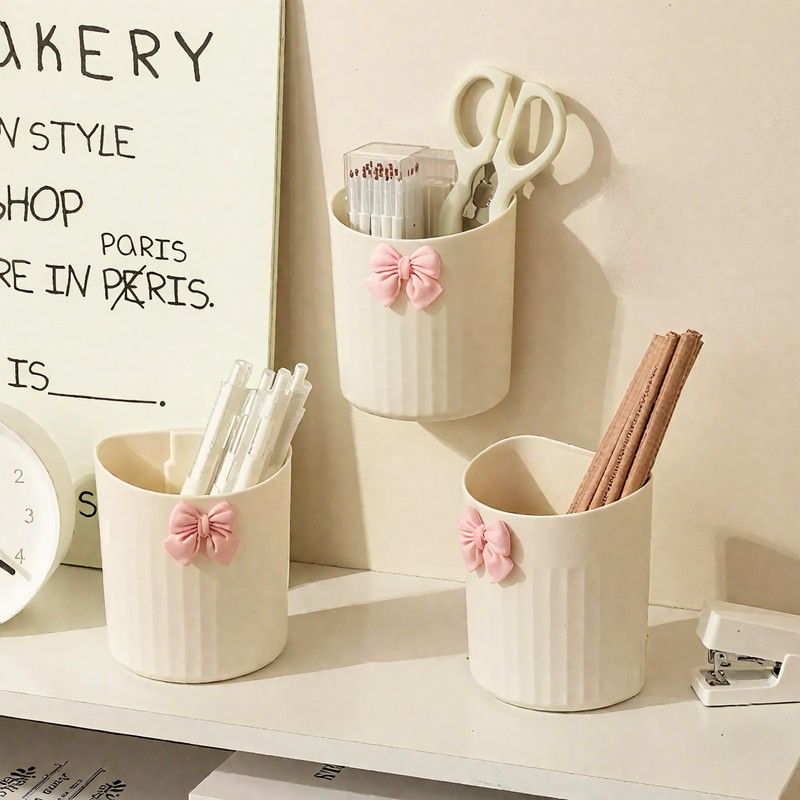 Wall-Mounted Plastic Small Makeup Brush Holder with Bow, Self-adhesive Multifunctional