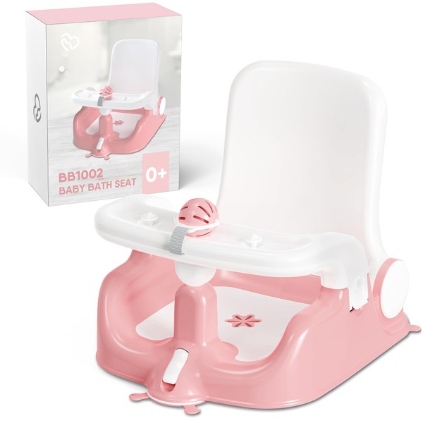 BabyBond Baby Bath Seat with Sitting & Lying 2 Modes, 3-Speed Adjustment, Powerful Suction Cups, Infant Bathtub Chair with Washable Pillow, Folding and Hanging (Pink)