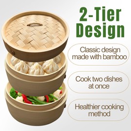THY Collectibles 2-Tier Bamboo Steamer Basket Set – Perfect for Dim Sum, Dumplings, Buns, Seafood & Rice – Ideal for Asian Cooking (Bamboo, 10.75-Inch)