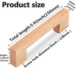 SYZOW Pack of 6 Wooden Drawer Handles, Furniture Handles, Wood, 128 mm, Hole Spacing (Beech)