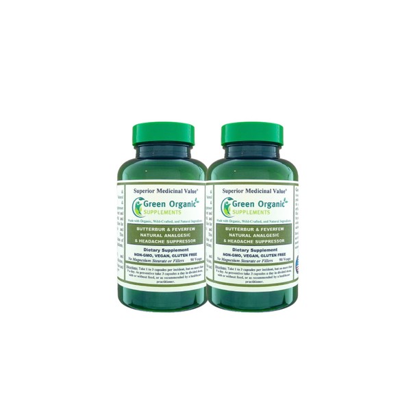Green Organic Supplements Butterbur, Feverfew, Analgesic, Painkiller, & Headache Suppressor, 90 VCaps, High Absorbable, Non-GMO, Gluten-Free (Pack of 2)