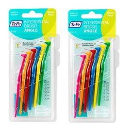 Two Packs Tepe Angle interdental Brushes Assorted Pack. Includes Colours Pink, Orange, red, Blue, Yellow, Green. in Sizes 0.4mm, 0.45mm, 0.5mm, 0.6mm, 0.7mm, 0.8mm. Mixed Pack