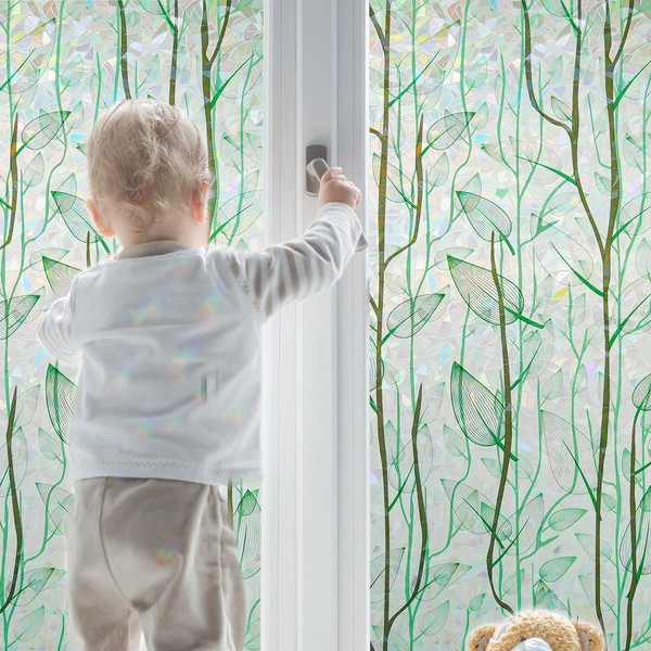 Decorative Privacy Window Film Green Rainbow Leaf Stained Glass Door