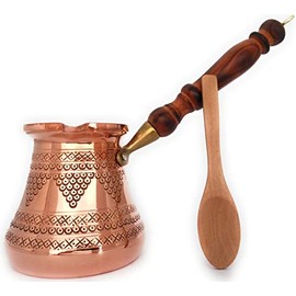 DEDE Copper - 2020 - PCZ Series (Large-14fl.oz) -Thickest Solid Copper Stamped and Hammered Turkish Greek Arabic Coffee Pot with Wooden Handle, Stovetop Coffee Maker, Cezve, Jezve, Jazva, Ibrik, Briki
