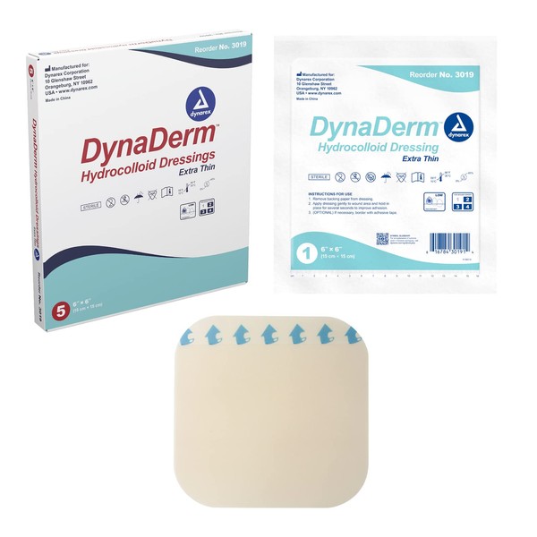 Dynarex DynaDerm Hydrocolloid Dressings, Sterile Moist Bandages Used for All Kinds of Wounds, 6" x 6," Extra Thin & Latex-Free, Ships in Peel-Down Patches, 1 Box of 5 DynaDerm Hydrocolloid Dressings