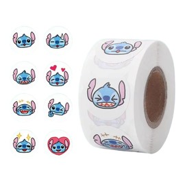 Rollo 500 pcs etiquetas, calcamonías, pegatinas, stickers estilo Kawaii de Stich 2.5 cms (1 pulgada), 8 Diseños de Etiquetas Adhesivas para Niños, Decoración, Fiestas, etc.