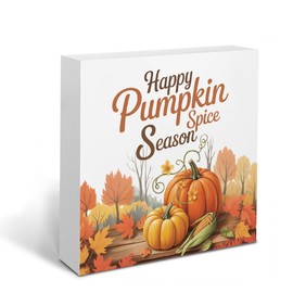 Rustic Tis' the Season Pumpkin Wood Box Sign, Farmhouse Retro Fall Artwork Decor, Autumn Harvest Thanksgiving Wooden Desk Block Signs Home Shelf Office Decoration 5 x 5 Inches