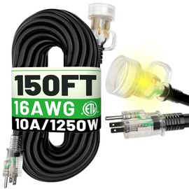 POWGRN 150FT 16 3 Outdoor Extension Cord Waterproof, Flexible 3 Prong Cold Weatherproof Heavy Duty Extension Cord, 10 AMP 1250W, Black ETL