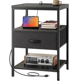 SUPERJARE Night Stand with Charger Station, 27.7 Inch Tall Nightstand with Adjustable Fabric Drawer, Bed Side Table, Fabric Drawer Dresser for Bedroom, Living Room, Black