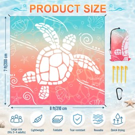 Beach Blanket Waterproof Sandproof 8 X 7 Ft Beach Mat 3–4 Adults Extra Large Outdoor Picnic Mat with Stakes & Travel Bag Foldable Beaches Essentials for Summer Outdoor Picnic (Teal Orange Sea Turtle)