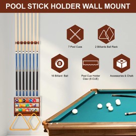 EnigmaSoul Pool Stick Holder - 7 Pool Cue Rack Wall Mount With Cue Rest and Ball holder, Wooden Pool Table Accessories Equipment Organizer, Billiard Cue Racks for Game Room Men Cave- Brown