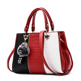 DIRRONA Women Top Handle Bag Fashion Colour Block Ladies Shoulder Bags Casual Travel Crossbody Bag PU Leather Crocodile Pattern Women Handbag With Pendant Red B
