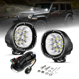 Auxbeam 4 Inch Round LED Light Pods, 90W Offroad Flood White Light Bar, Super Bright 9000LM Driving Work Light with DT Plug Wiring Harness Kit for Truck Boat Pickup ATV UTV SUV-2PCS