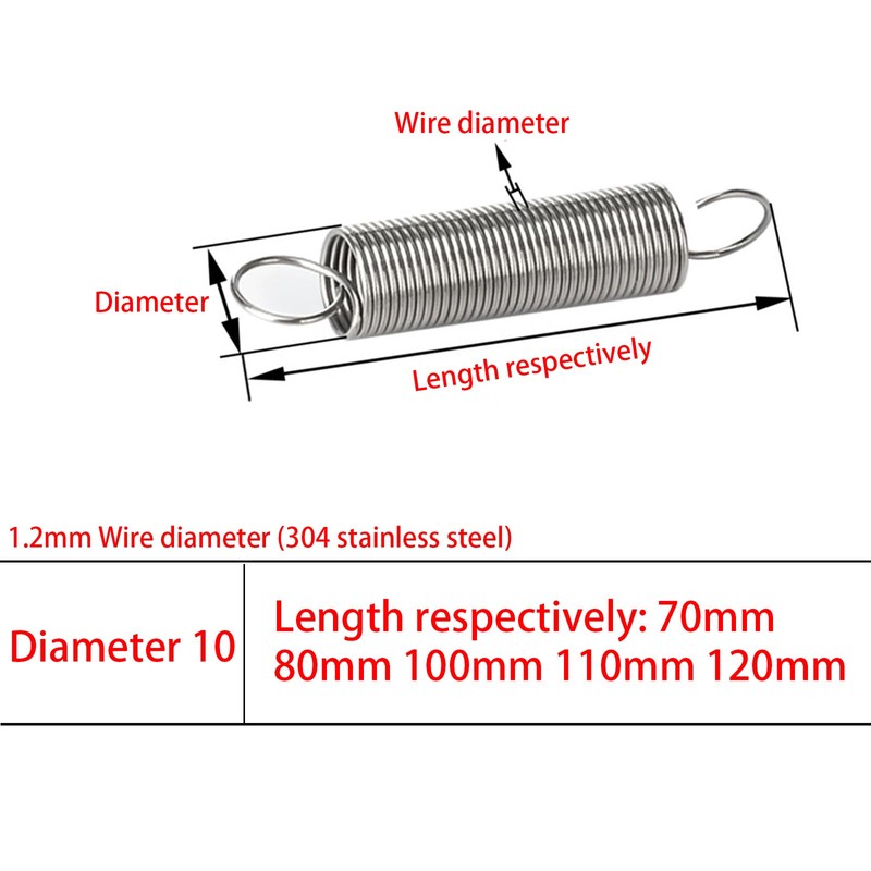 2Pcs Double Hook Tension Spring,Wire Diameter 1.2mm,Diameter 10mm Stainless Steel