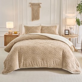 AIKASY Luxury Plush Beige Fleece Comforter Set - Soft Fluffy Faux Fur, Machine Washable, Winter Warm with 1 Filled Comforter and 2 Pillowcases, Queen Size
