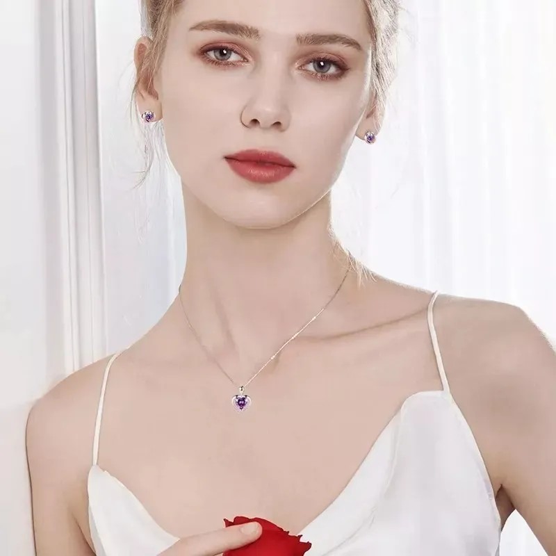 Collar Dije Corazón 925plata Cristal Mujer Arete Caja Kit