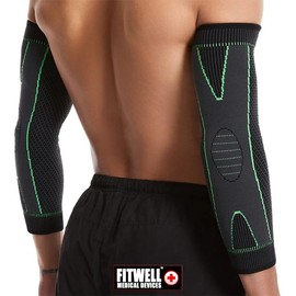 FITWELL Men's Elbow Compression Sleeves for Weightlifting & Body Building (2 Pack), Medical-Grade Injury Prevention and Elbow Support, Prevent & Heal Elbow Joint Tendonitis & Inflammation, Professional Gym Sleeves (Green, Medium)