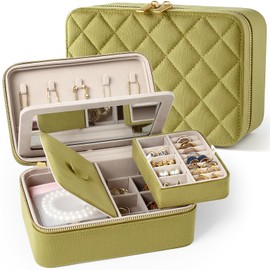 Lumayina Velvet Travel Jewelry Box with Large Mirror, Double-Layer Jewelry Organizer Case for Women and Girls, Portable Storage Case with 6 Anti-Tarnish Bags Gift Ready for Her (Avocado Green)