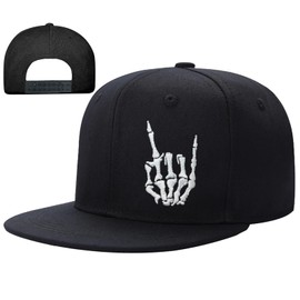 Flat Bill Hats for Men Embroidery Mens Snapback Hats Flat Brim Snap Back Skeleton Skull Hat for Men Fitted Black Baseball Cap Funny Hip Hop Skateboard Hats Boys Women Trucker Golf Hat