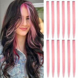 EXTACIO 12pcs Clip in Pink Hair Extensions Mix tinsels,22 Inch Colored Hair Extensions,2 in 1 Rainbow Hair with Silver Tinsels,Kids Hair Extensions,Colorful Party Highlights for Kids Girls