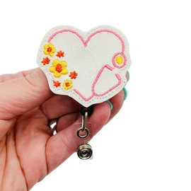 Spring Stethoscope Badge Reel, Retractable Flower ID Holder, Floral Name Tag Clip (carabiner)
