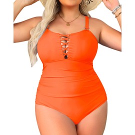 Yonique Traje de baño de una Pieza para Mujer, Talla Grande, Control de Abdomen, Traje de baño clásico, Naranja