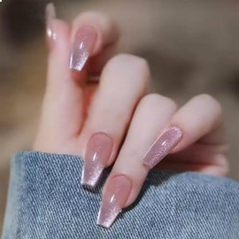 GlamRays Pack of 24 Nude Colours Press on Nails Long Coffin False Nail with Gradient Design Glitter Printing Nail Full Cover Shiny Acrylic Nail Gel Pressure Nail