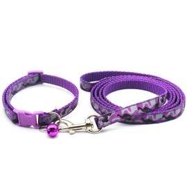 Doggie Style Store Small Dog Puppy Pet Collar and Lead Set Camo Camouflage Design Nylon Adjustable with Bell Leash Purple