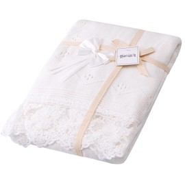 Booulfi Baby Swaddle Fall Blankets Unisex,Off White Lace Border Baby Boy Girl Bouncer Crib Knit Blankets Newborn Soft
