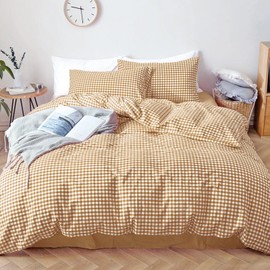 HALOZI Duvet Cover Set Queen Size Coffee Plaid Luxury Soft Bedding Set Comforter Cover with Zipper Closure and Corner Ties (1 Duvet Cover+2 Pillowcases)(Queen（90X90） inch)