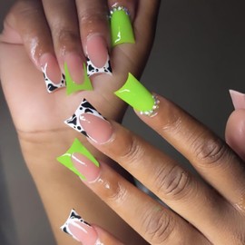 Tyuimhx Green Duck False Nails With Rhinestones Designs Press on Milk Pattern Wide French Tip Fake Nail Full Cover Duck Nail Tip Acrylic Stick on Nails for Women