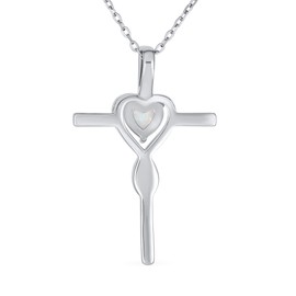 Timeless Religious Faith Hope Love Forever Gemstone Created White Opal Heart Infinity Cross Necklace Pendant For Women Teen .925 Sterling Silver October Birthstone