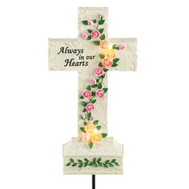 Collections Etc Always in our Hearts Memorial Cross Ground Stake with Solar Lighted Flowers